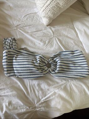 J. Crew White and Navy Striped Smocked Bandeau Bikini Top with Ring Detail